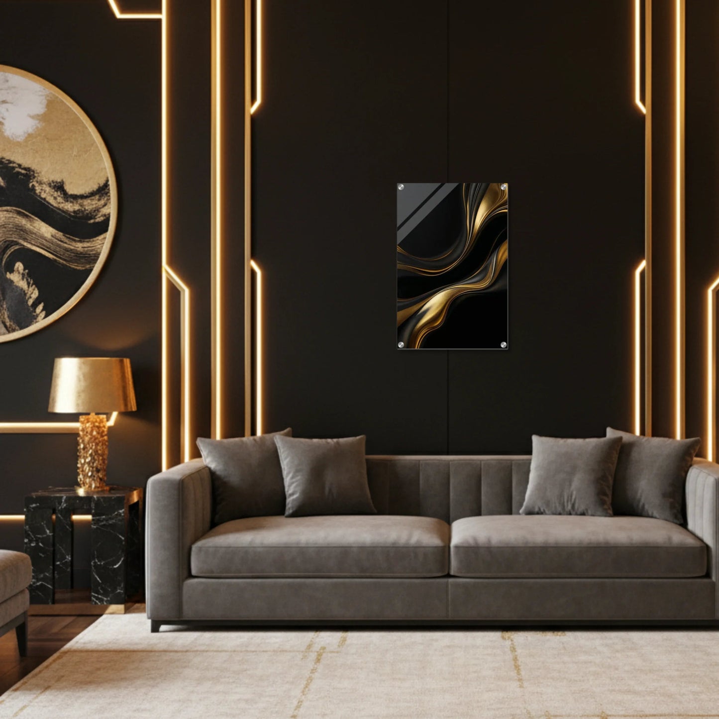 Modern living room with a gray sofa, decorative wall art, and side tables.