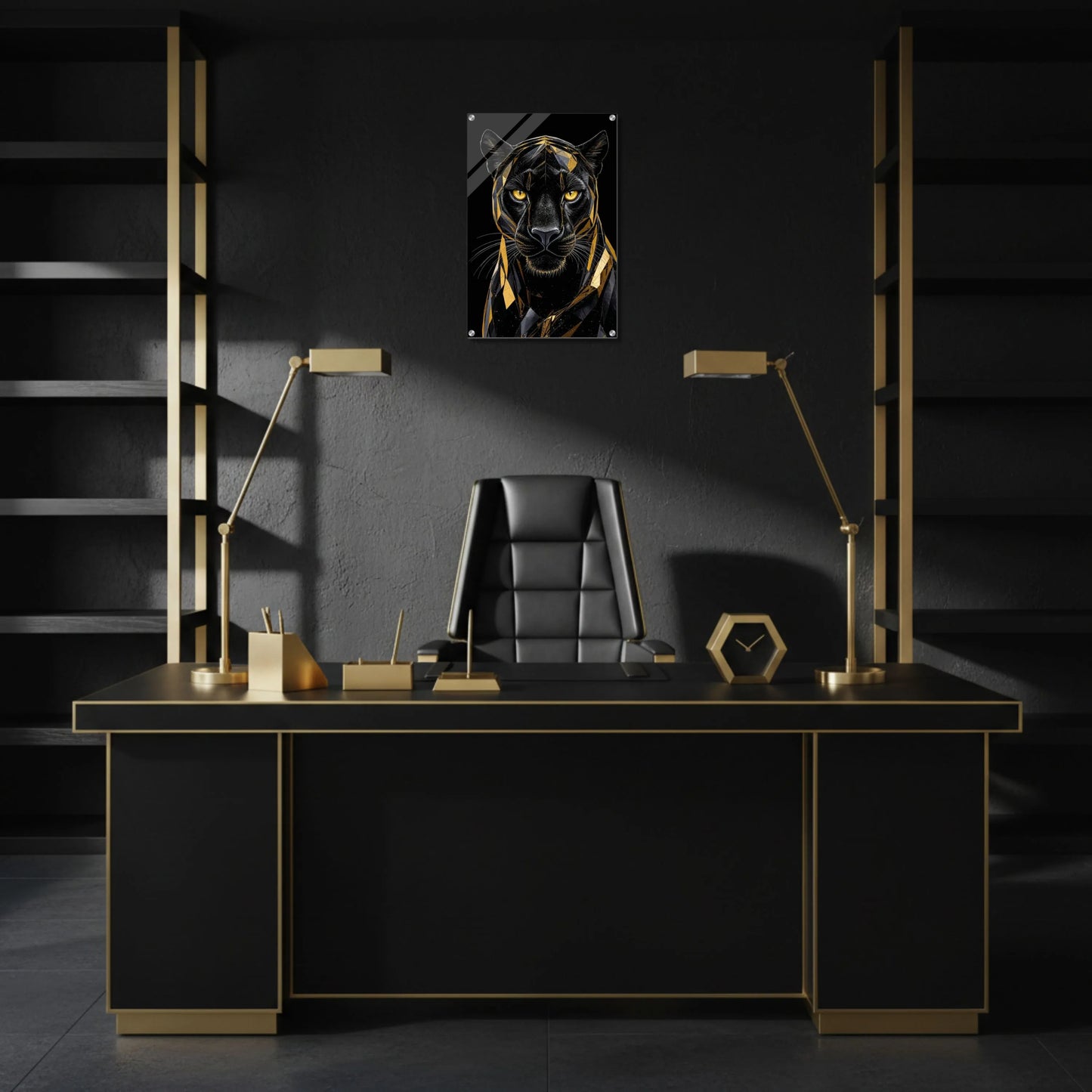Geometric Black & Gold Panther – Acrylic Wall Art