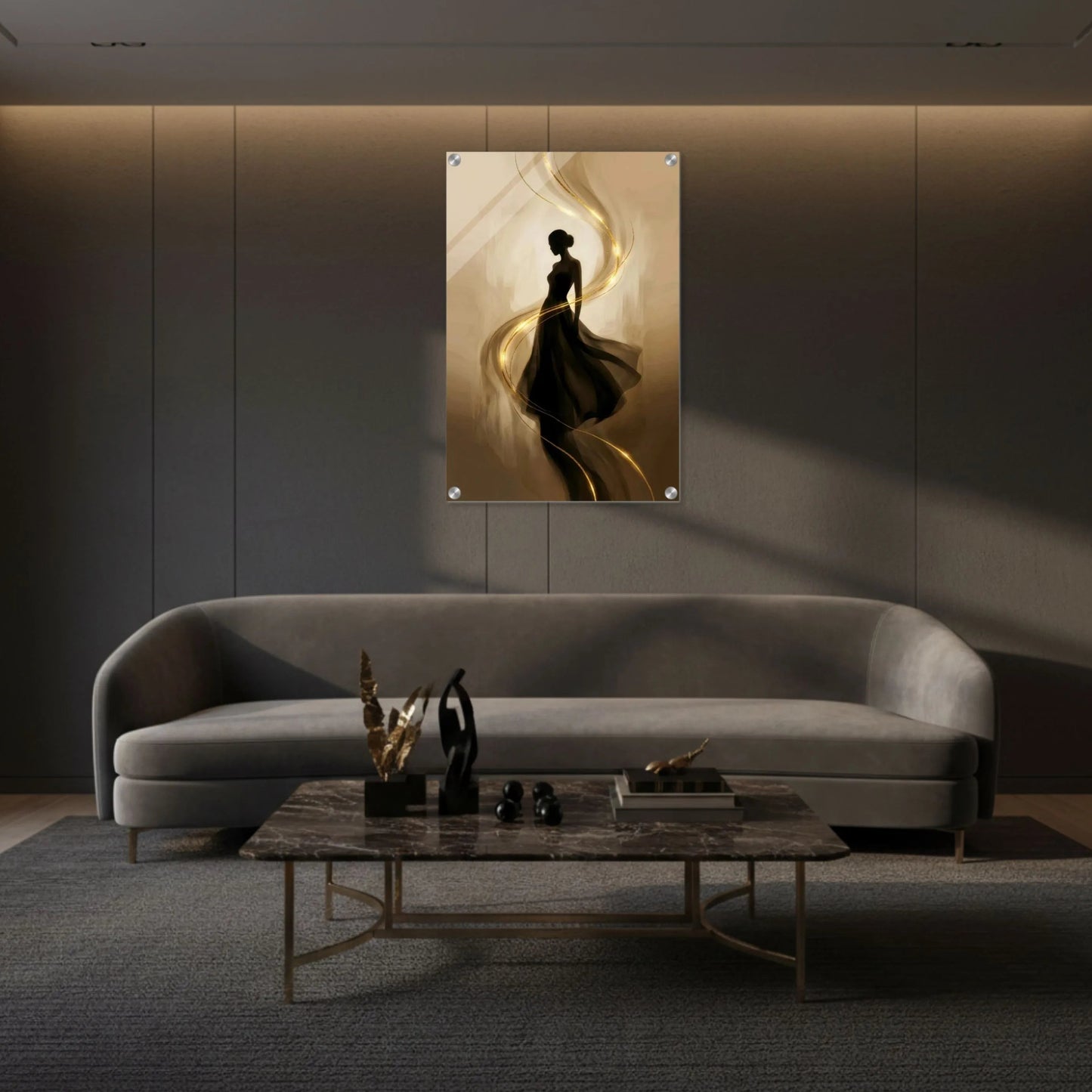 Modern living room with a gray sofa, coffee table, and wall art.