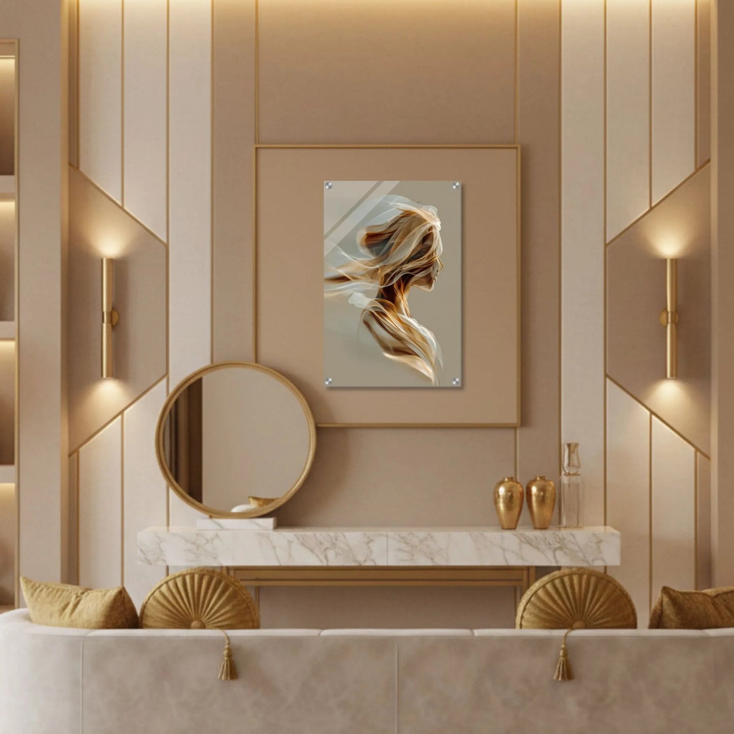 Luxurious living room with a beige sofa, decorative pillows, and wall art.