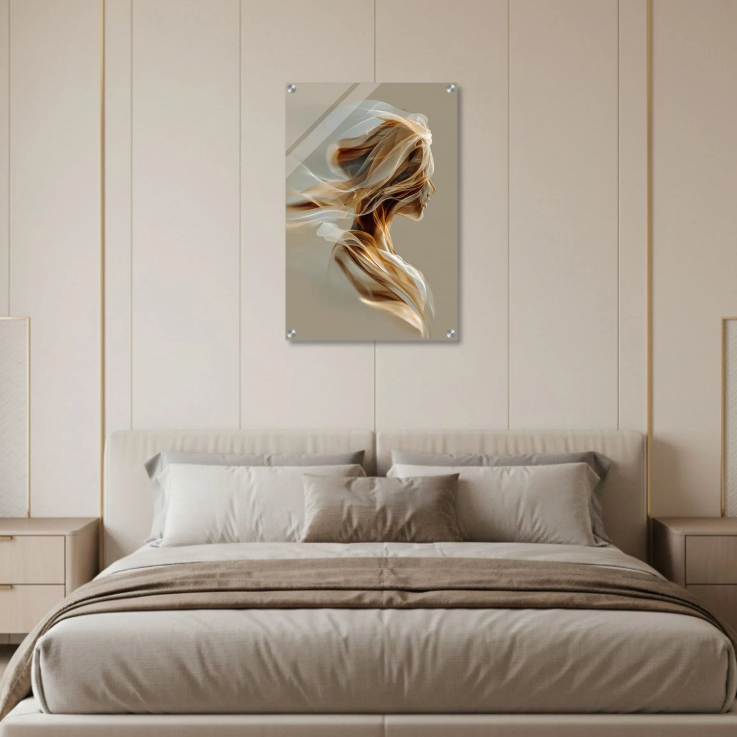 Modern bedroom with a bed, nightstands, and abstract wall art.