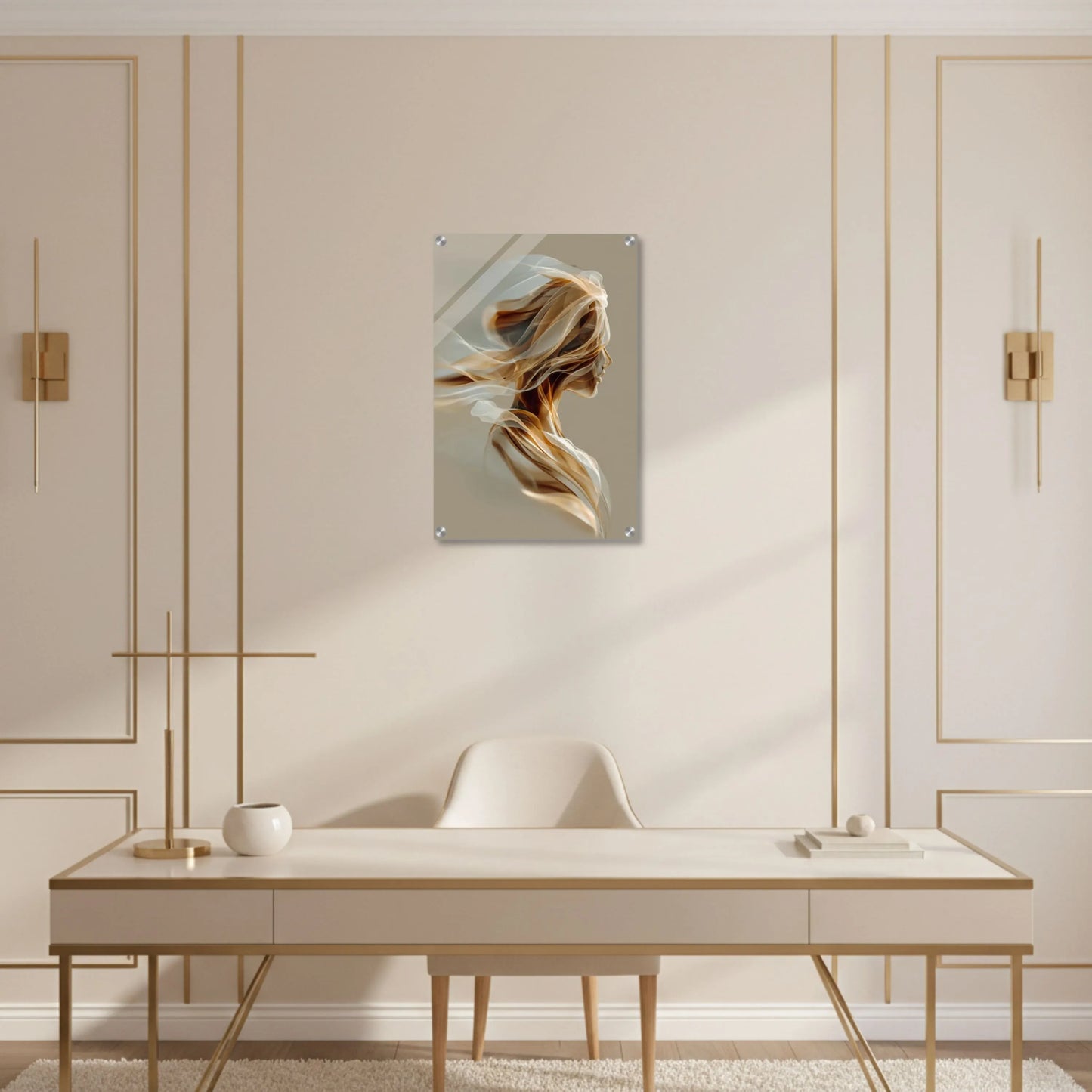 Modern interior design with a desk, chair, and wall art in a stylish room.