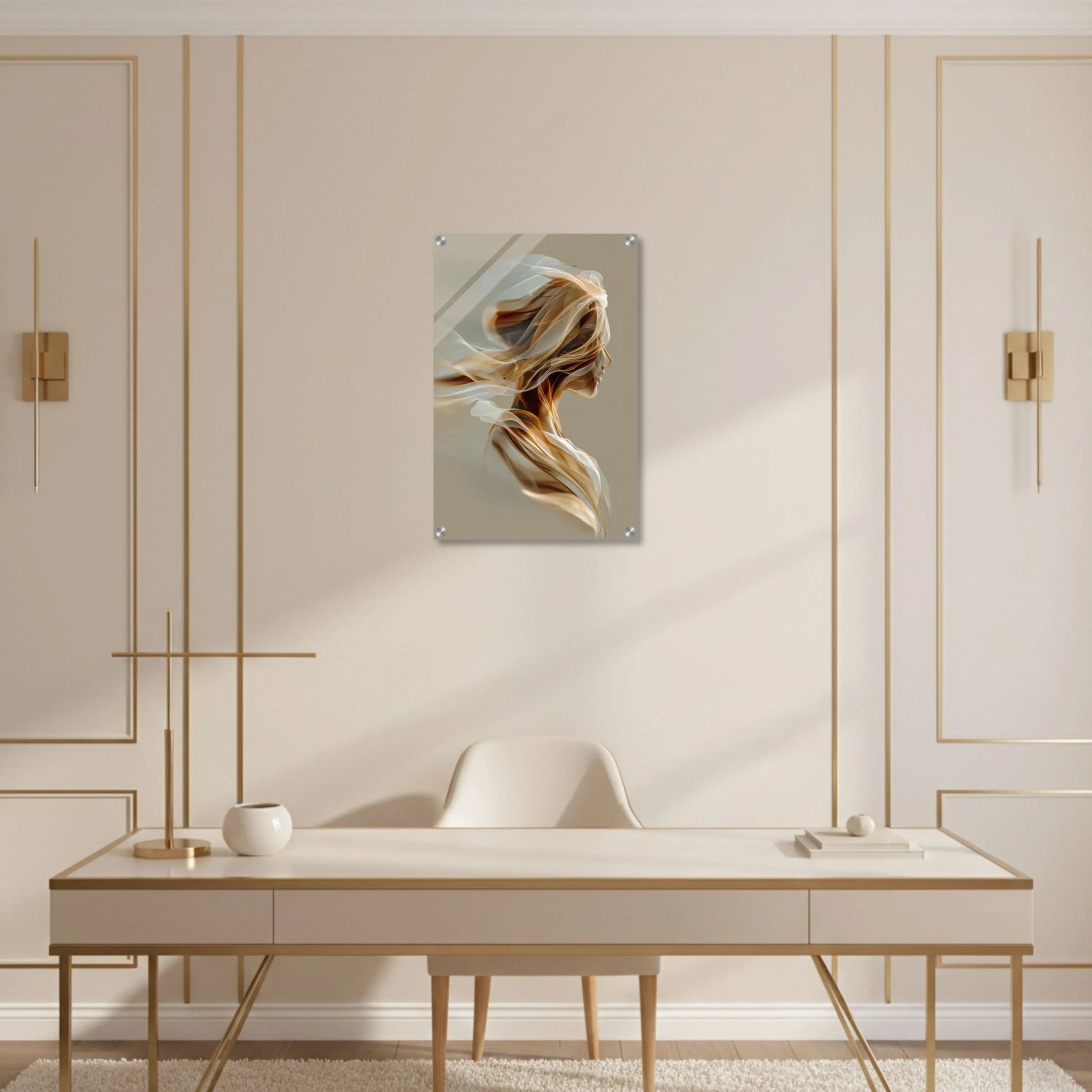 Modern interior design with a desk, chair, and wall art in a stylish room.