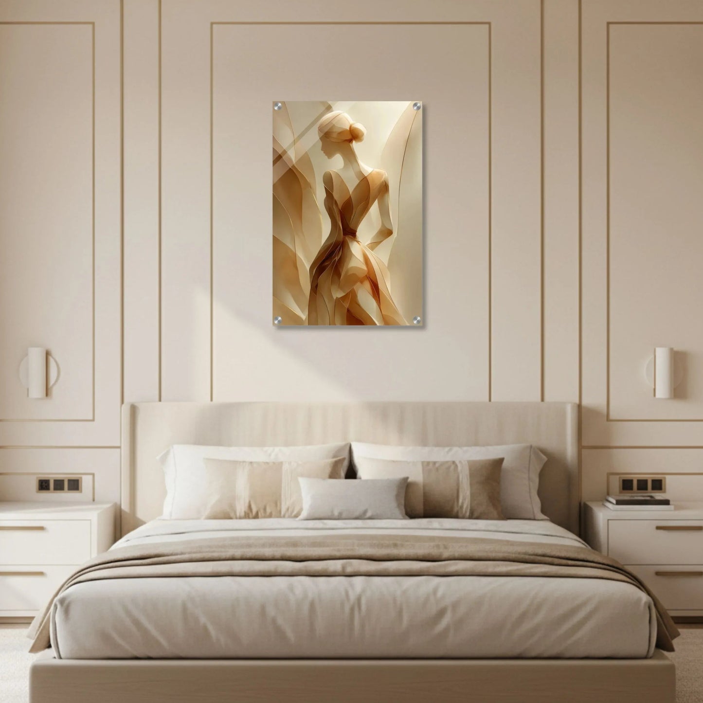 Beige bedroom with a bed, nightstands, and wall art