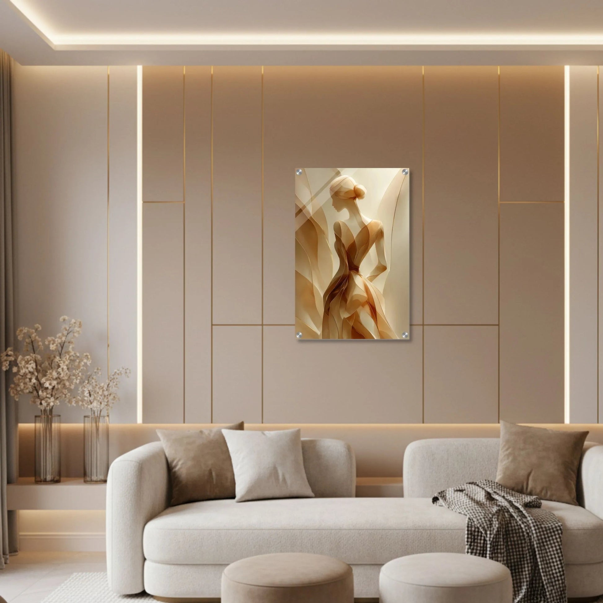 Modern living room with beige sofa, ottomans, and abstract wall art.