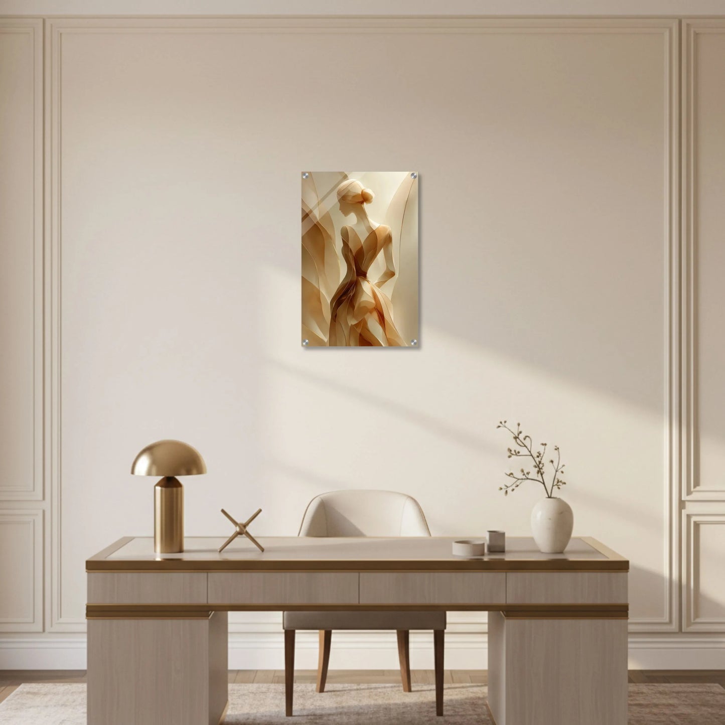 Modern office interior with a desk, chair, and abstract wall art.