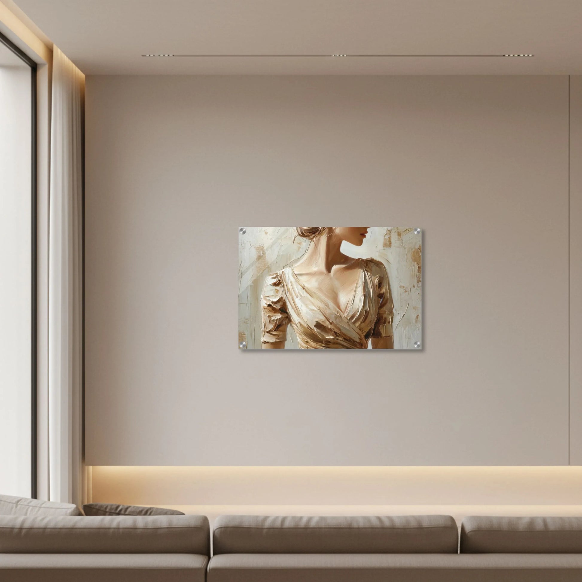 Modern interior with a wall-mounted artwork of a woman in a beige dress.