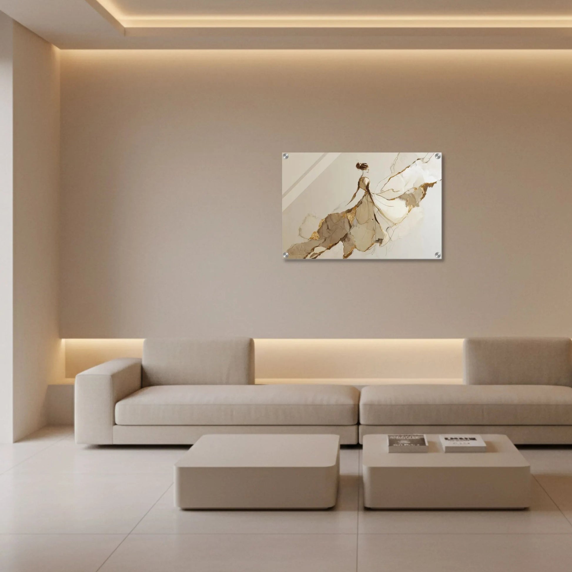 Modern living room with a gray sofa, coffee table, and abstract painting on a beige wall.