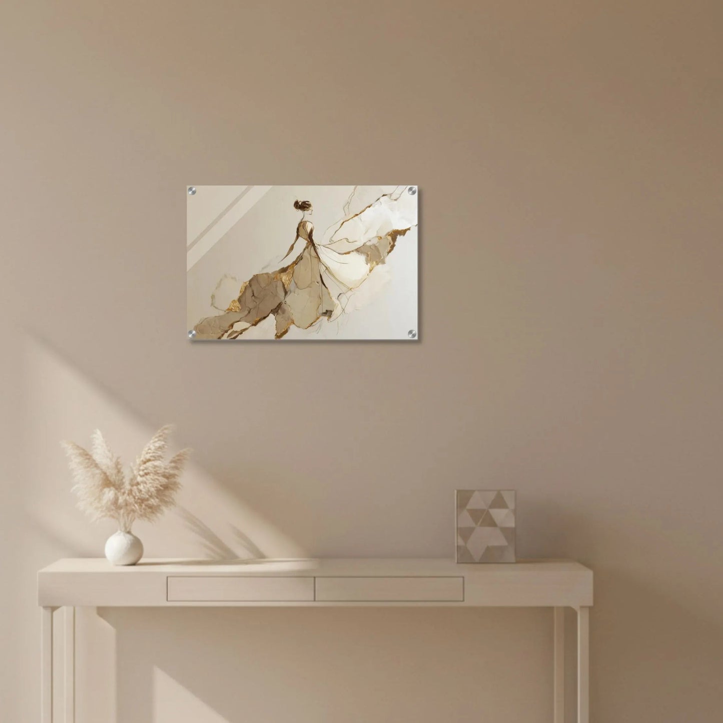Abstract wall art on a beige wall above a white console table.