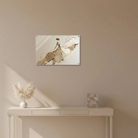 Abstract wall art on a beige wall above a white console table.