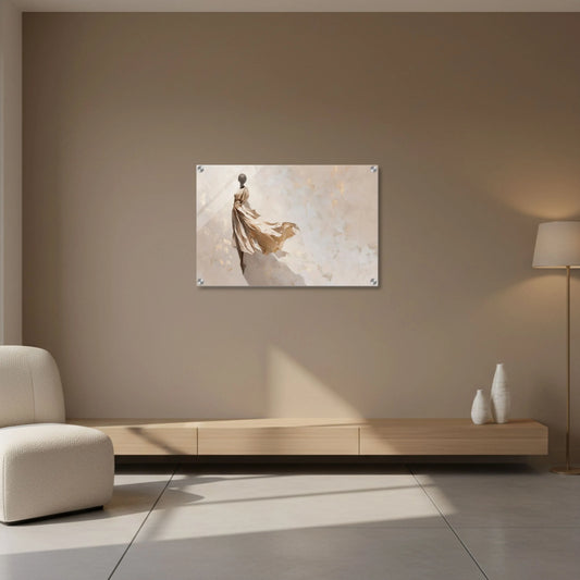 Modern living room with a wall art piece of a woman in a flowing dress.