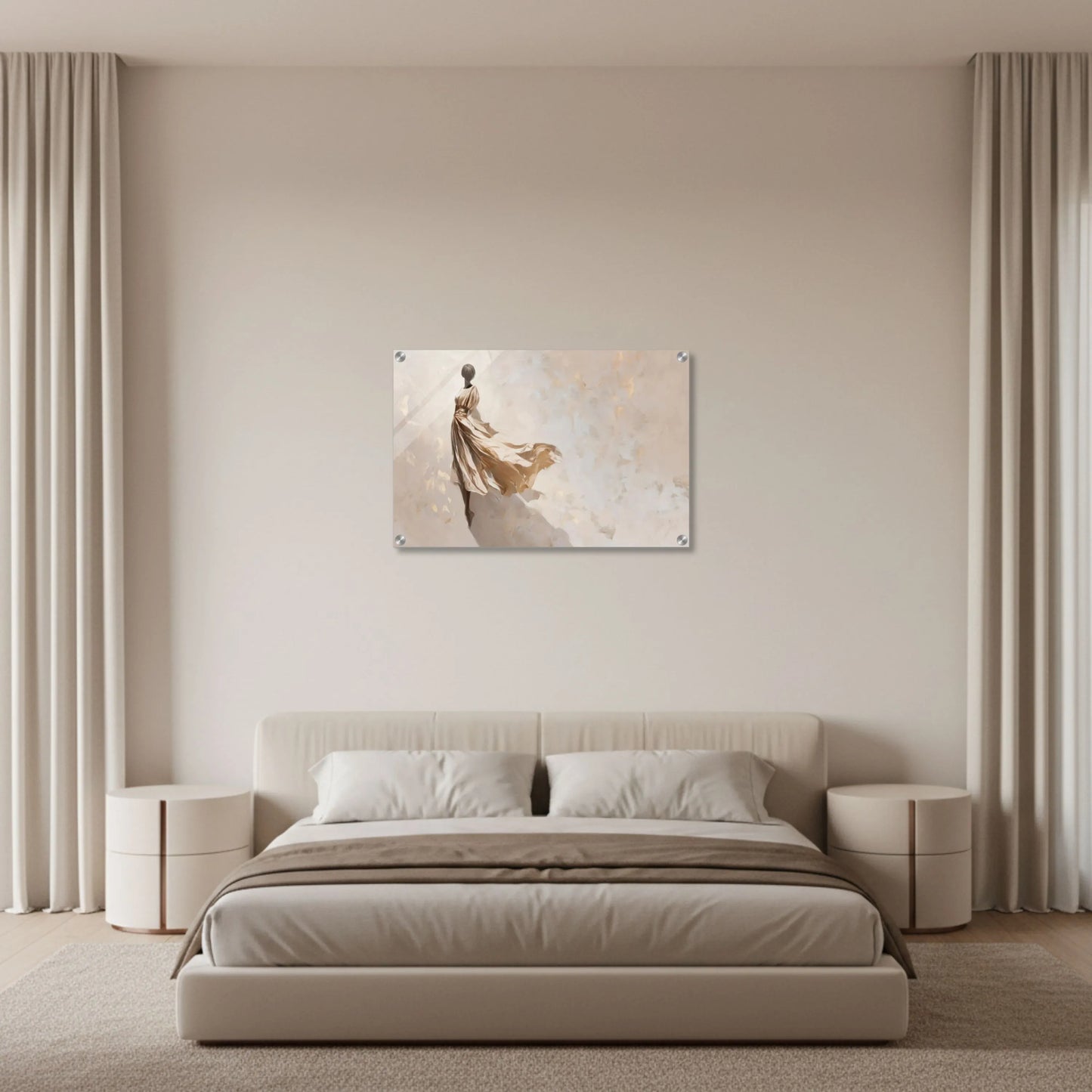 Modern bedroom with a bed, nightstands, and a wall art piece.