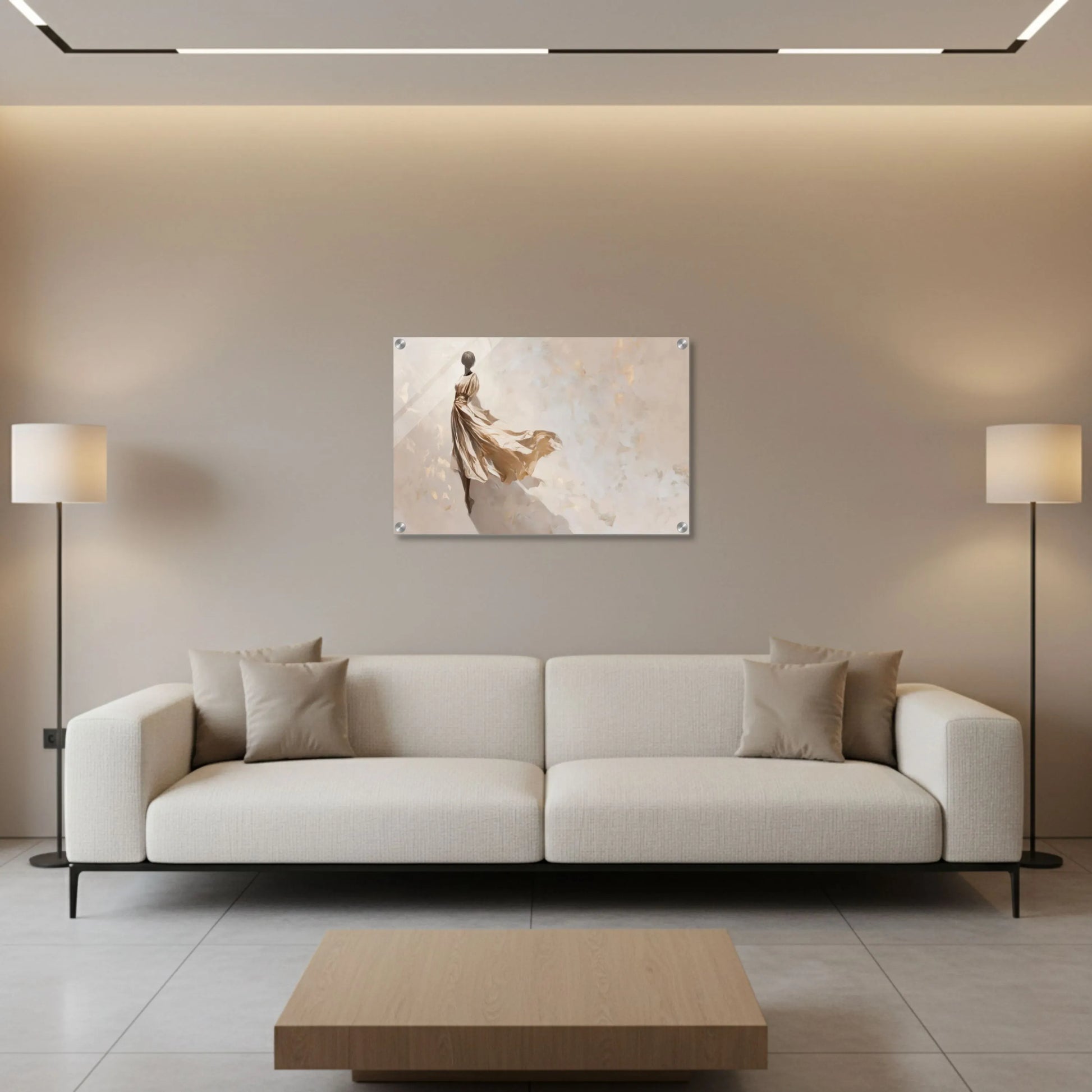 Modern living room with a beige sofa, wooden coffee table, and wall art.