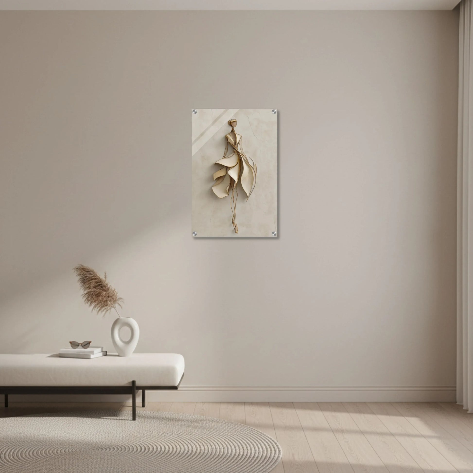 Modern interior with a decorative wall piece and vase on a table.