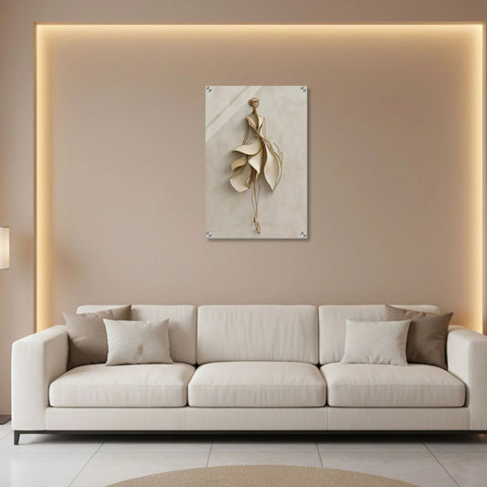 Beige sofa in a modern living room with a decorative wall piece and ambient lighting.
