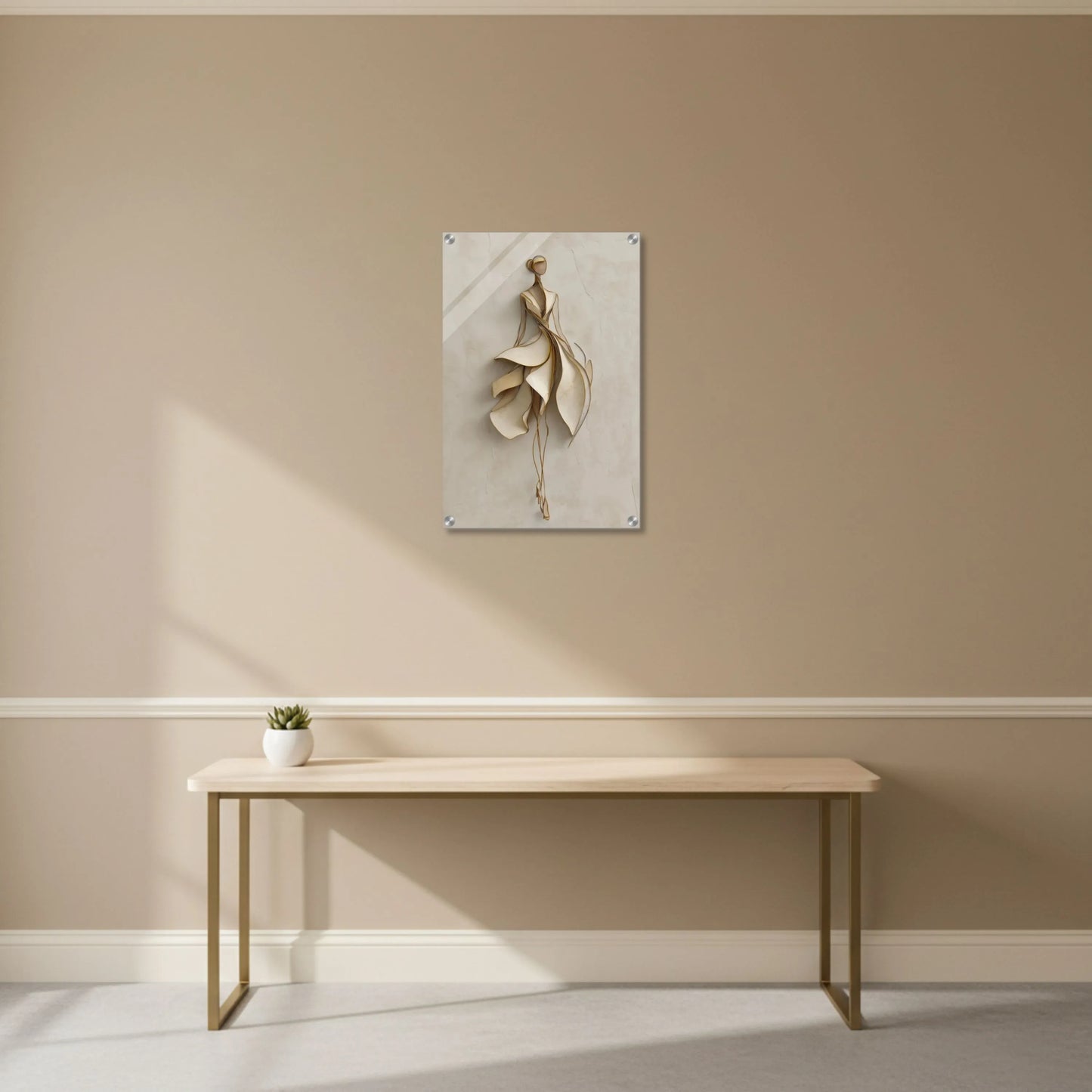 Decorative wall art on a beige wall above a wooden table.