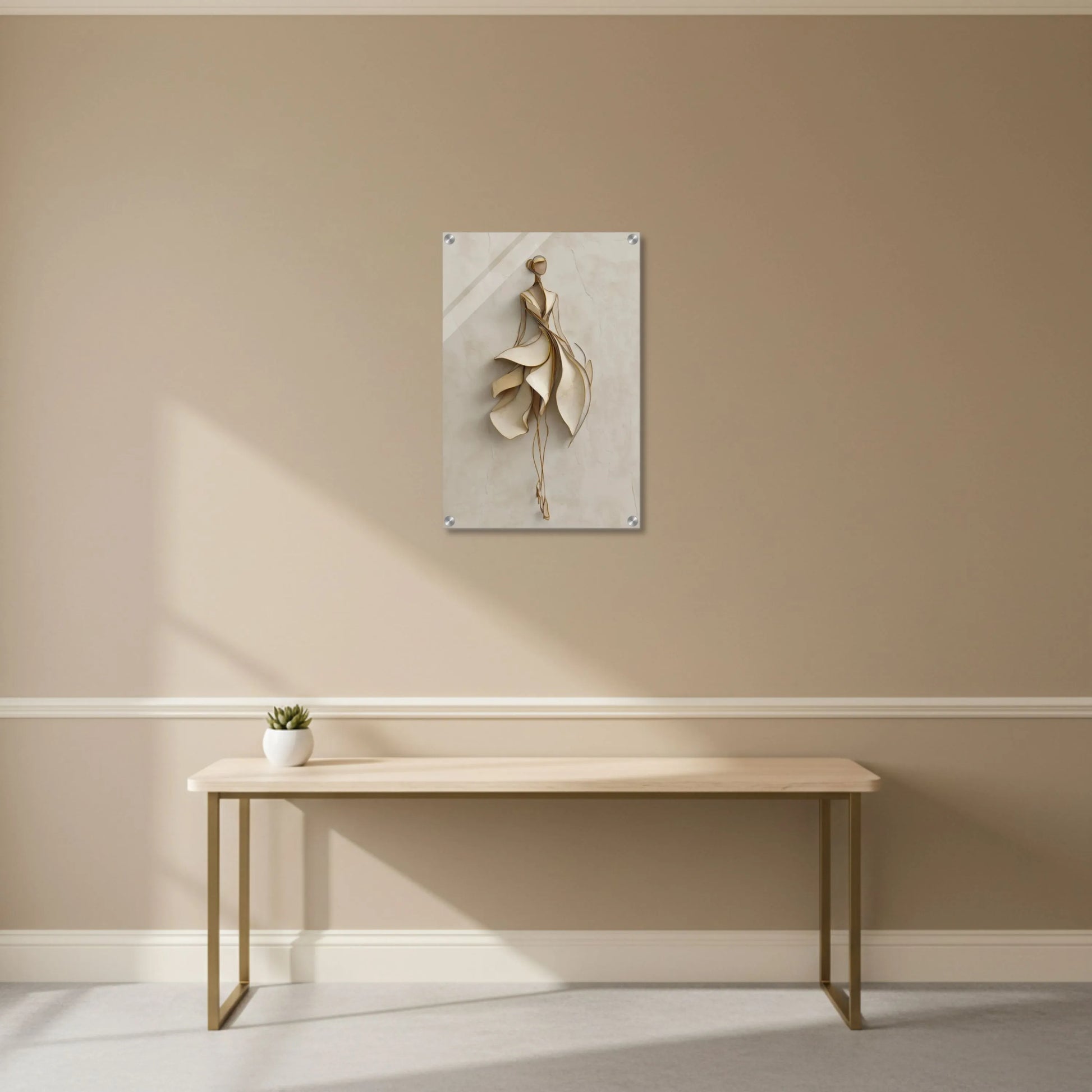 Decorative wall art on a beige wall above a wooden table.