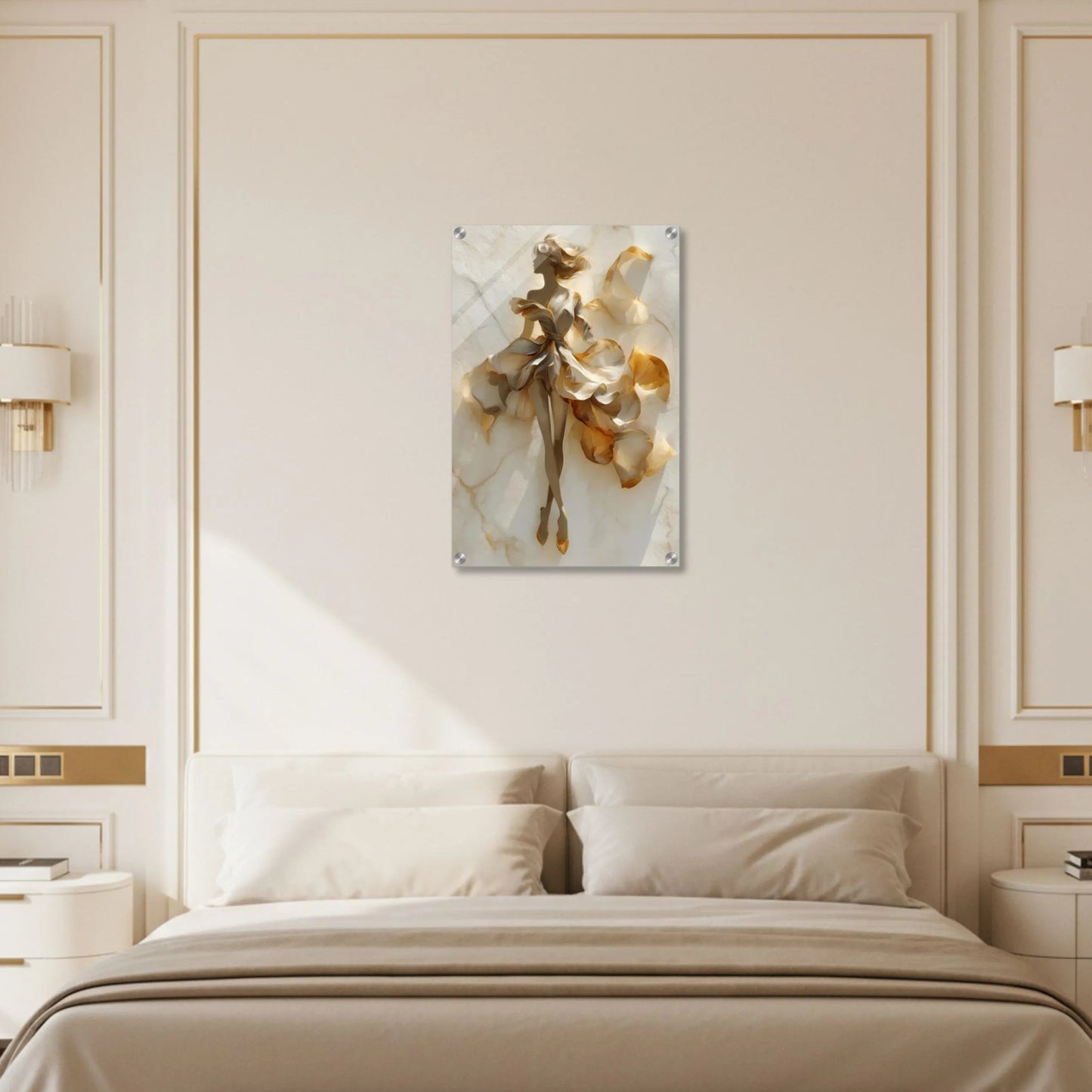 Modern bedroom with a bed, nightstands, and wall art.