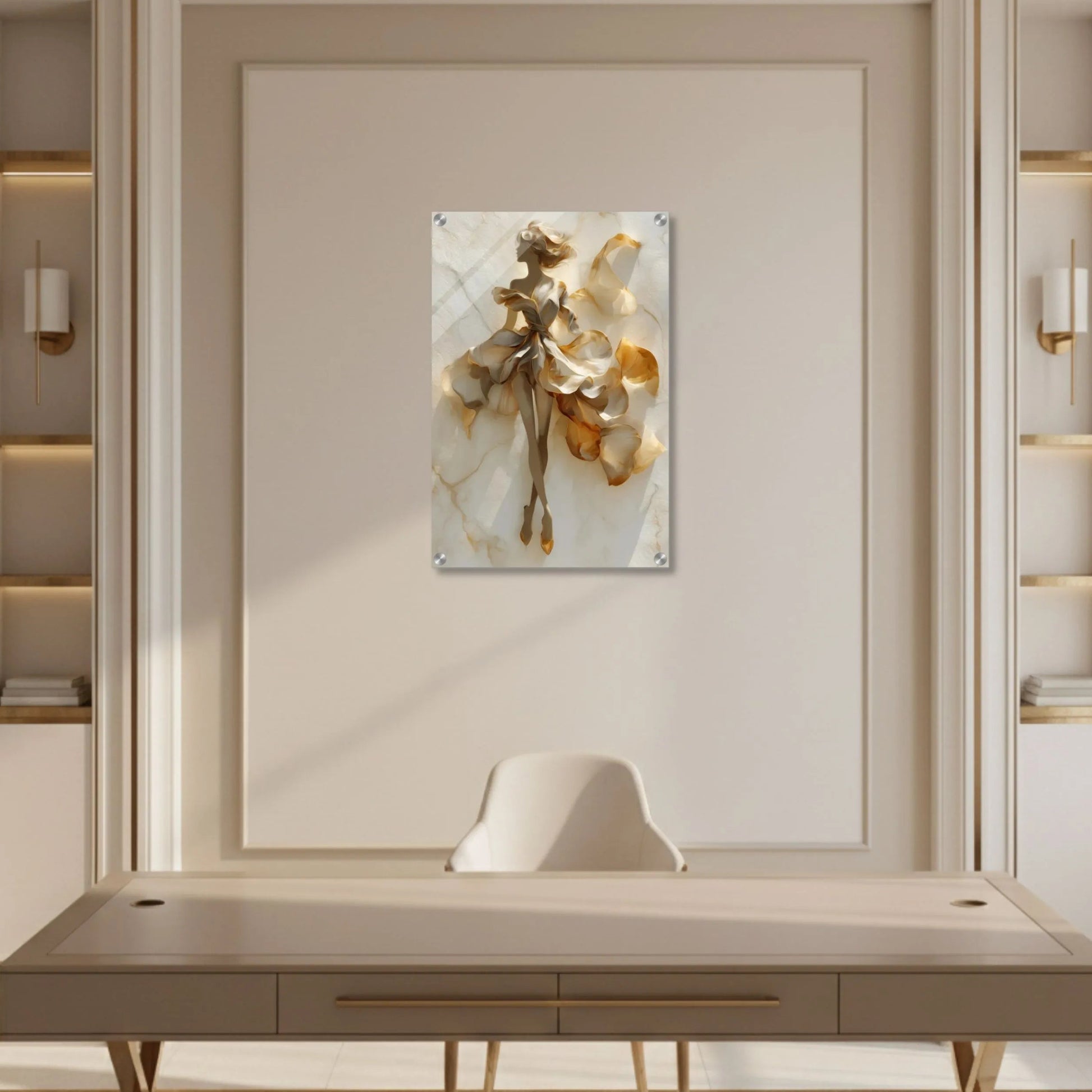 Modern office interior with a desk and wall art