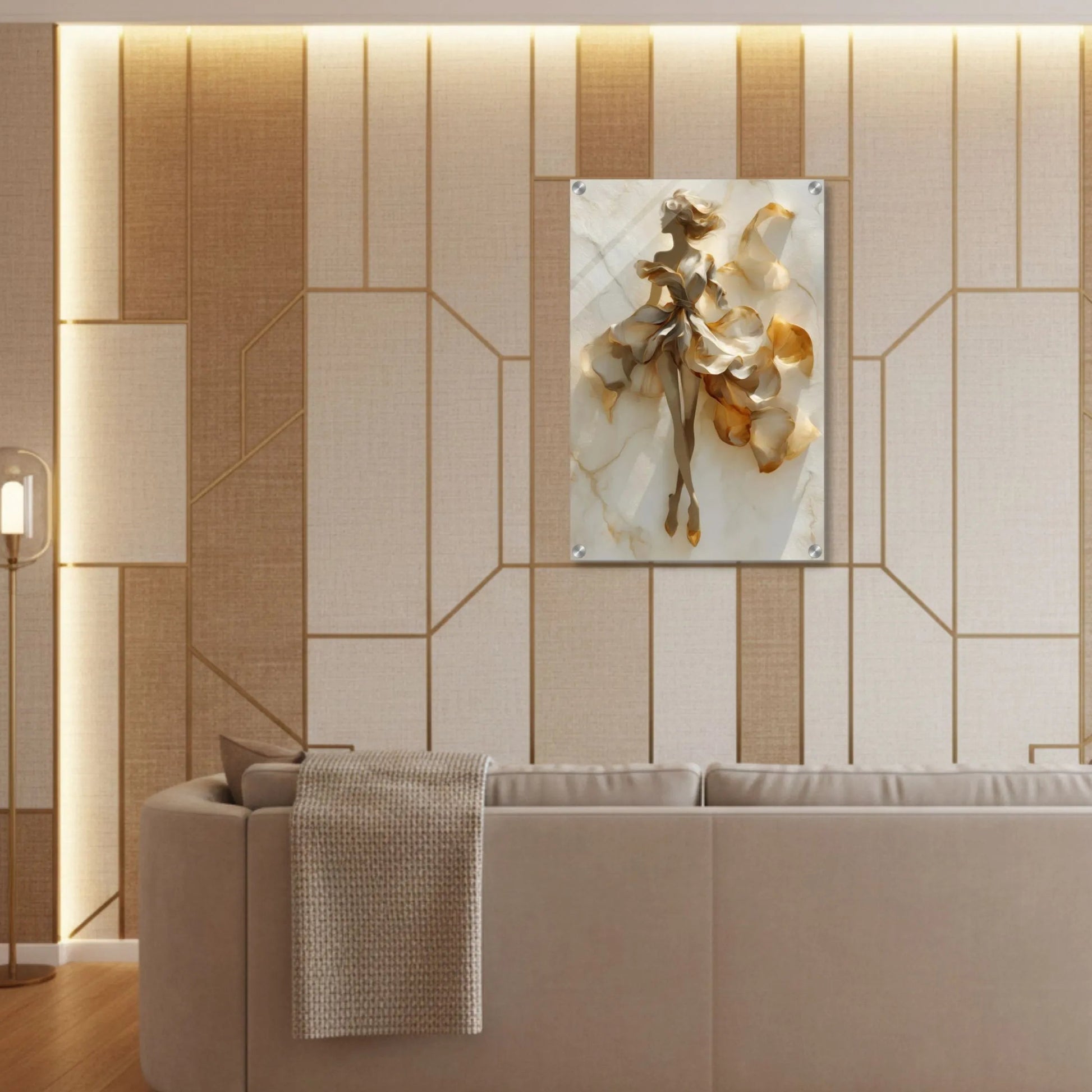 Modern living room with a beige sofa, geometric wall design, and abstract artwork.