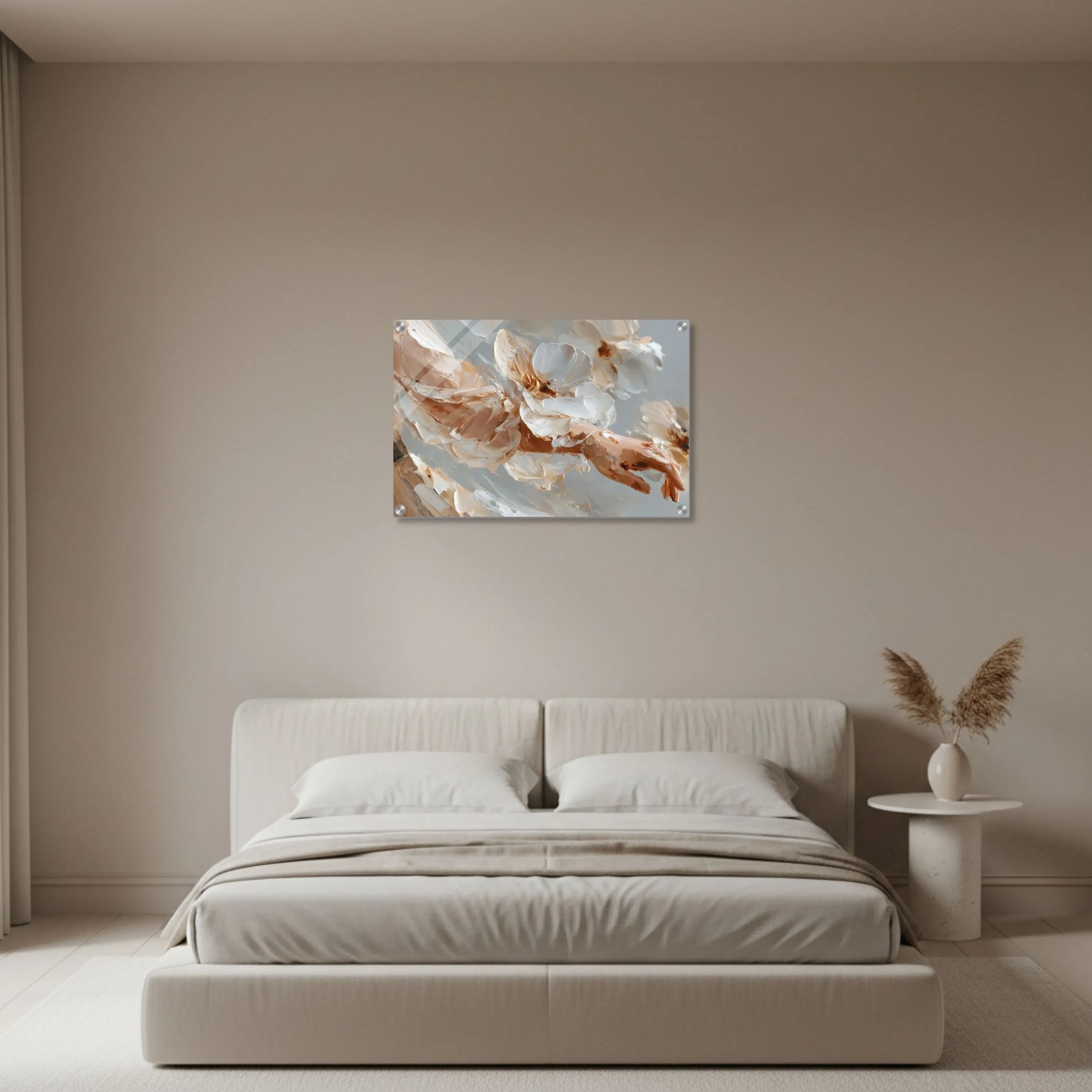 Beige bedroom with a bed and abstract painting on the wall