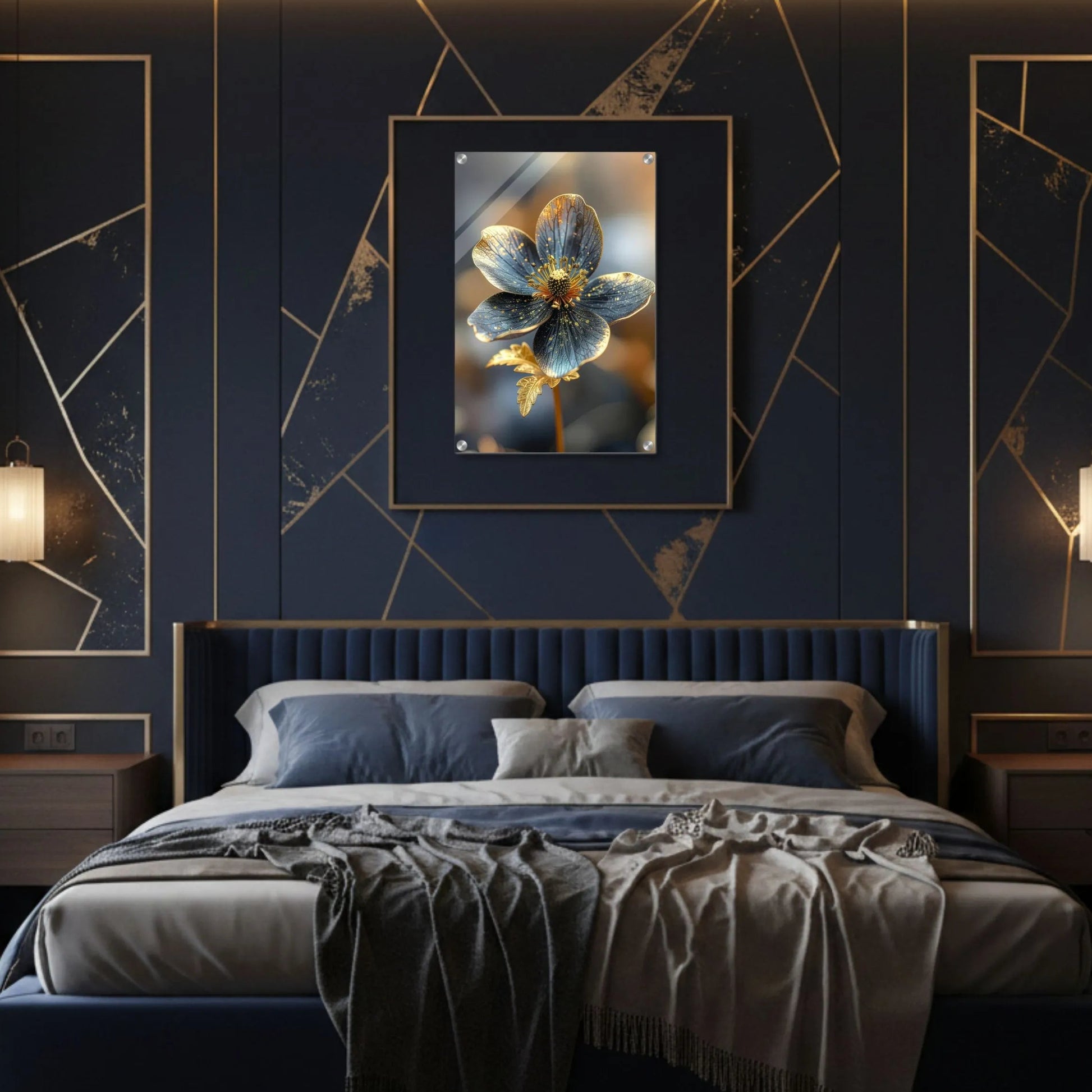 Modern bedroom with dark blue walls, a bed, and decorative elements.