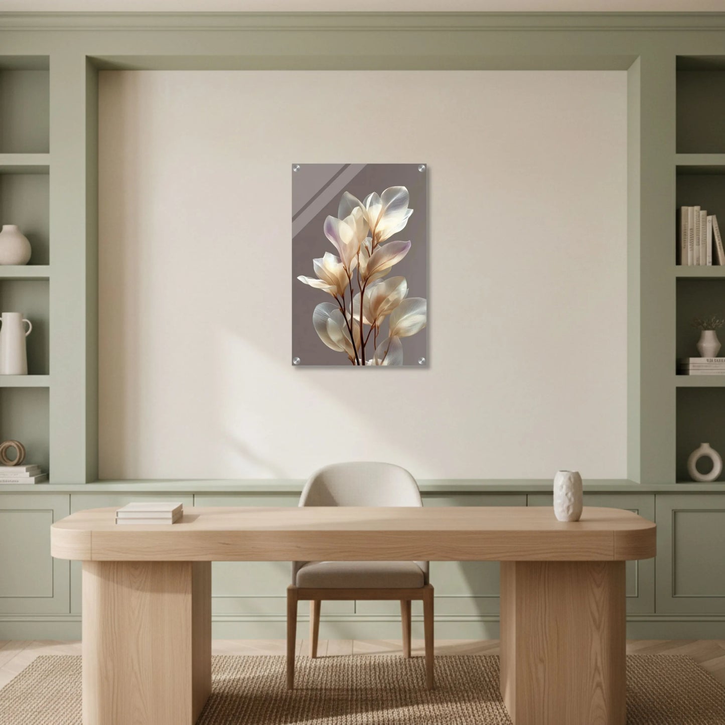 Decorative wall art of a floral design on a plain wall above a wooden desk.