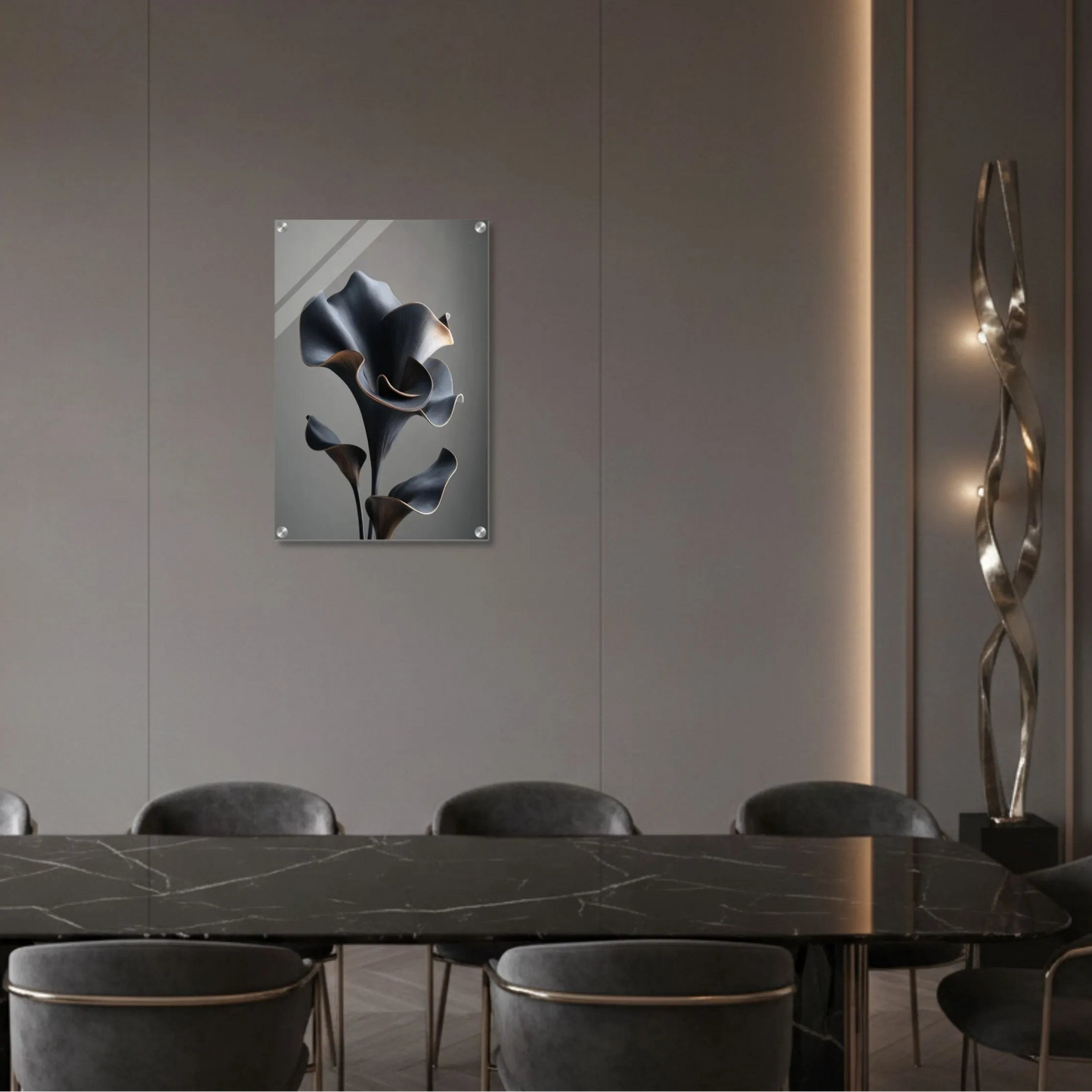 Modern conference room with a decorative wall piece and marble table.