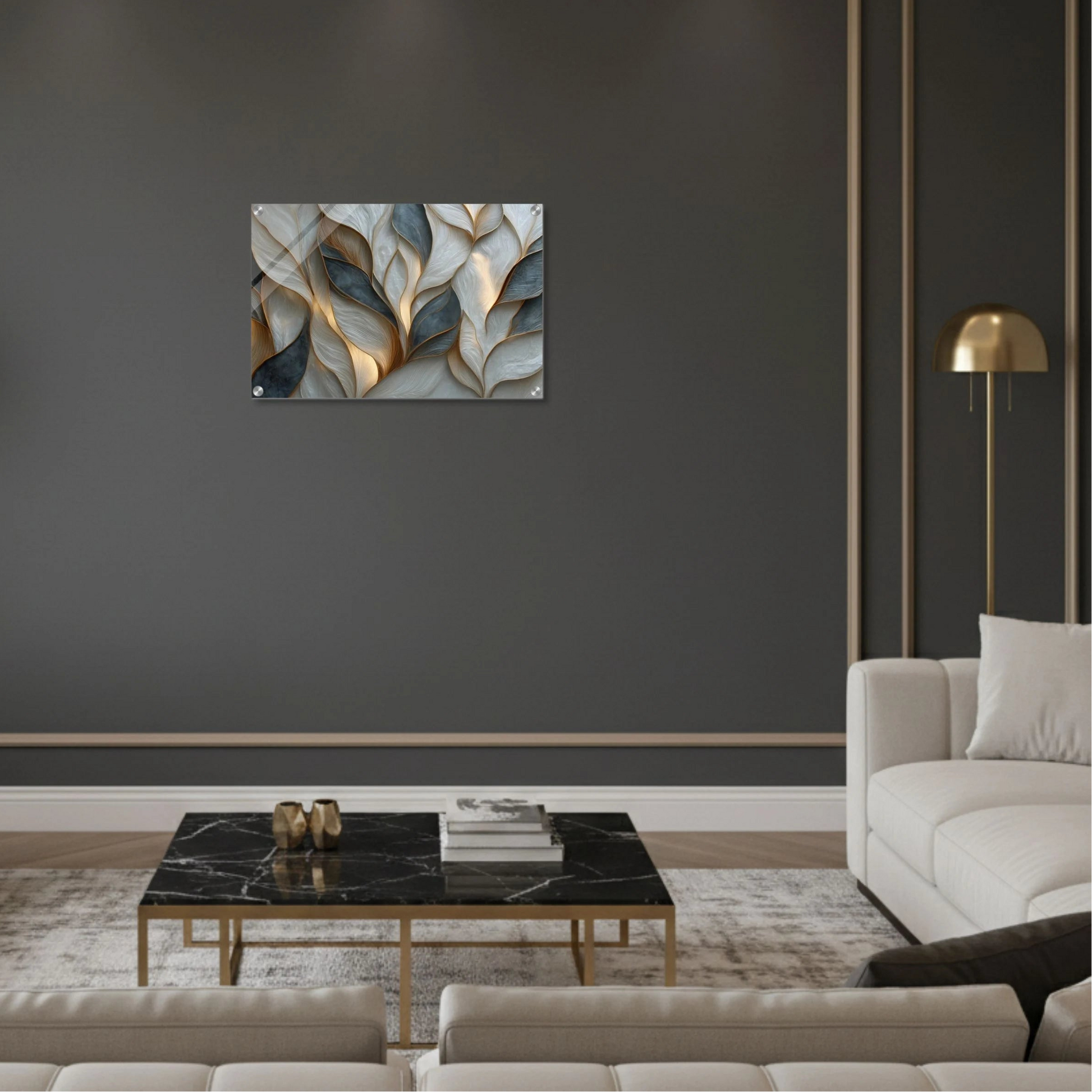 Modern living room with abstract wall art, gray walls, and white furniture.