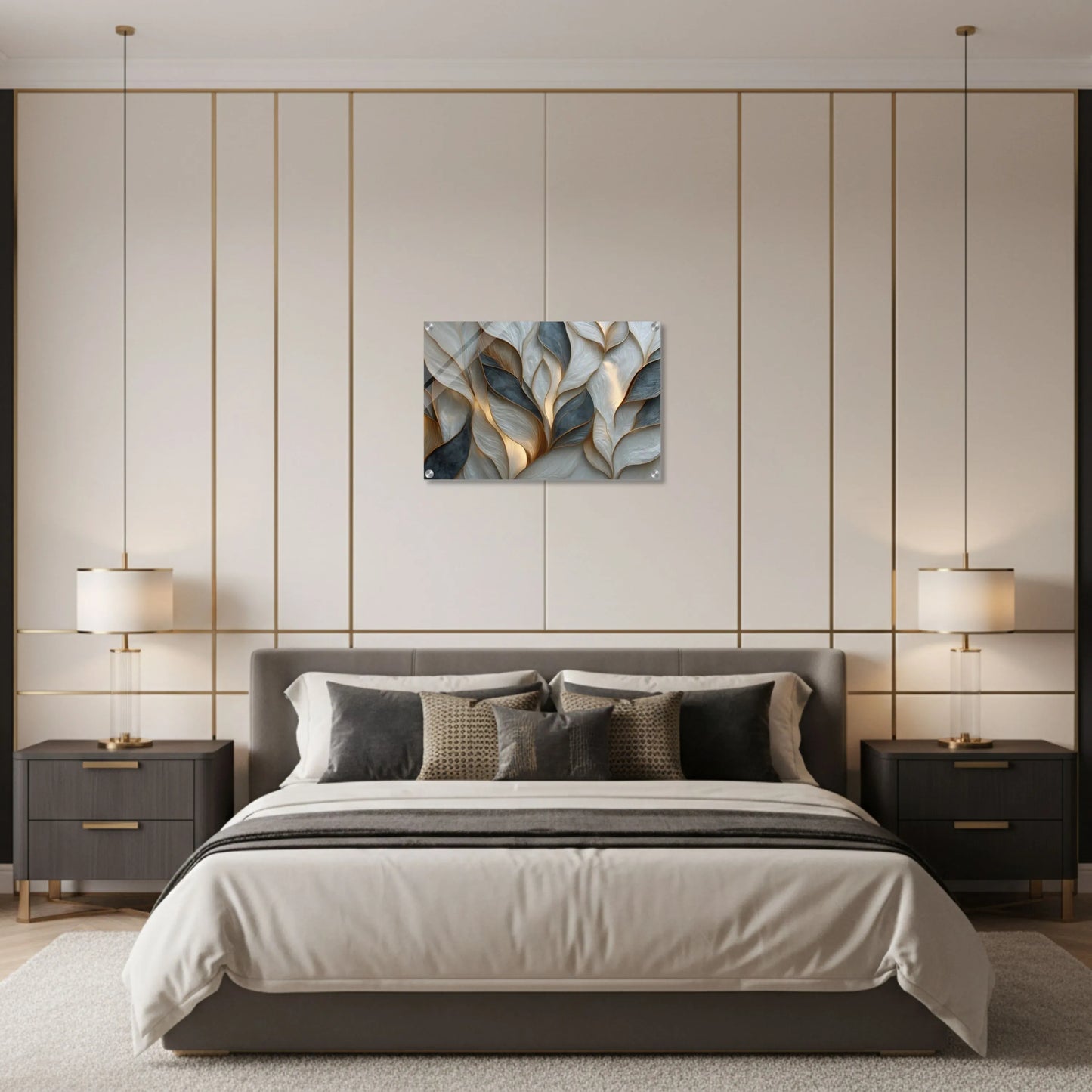 Modern bedroom with a bed, nightstands, and wall art.