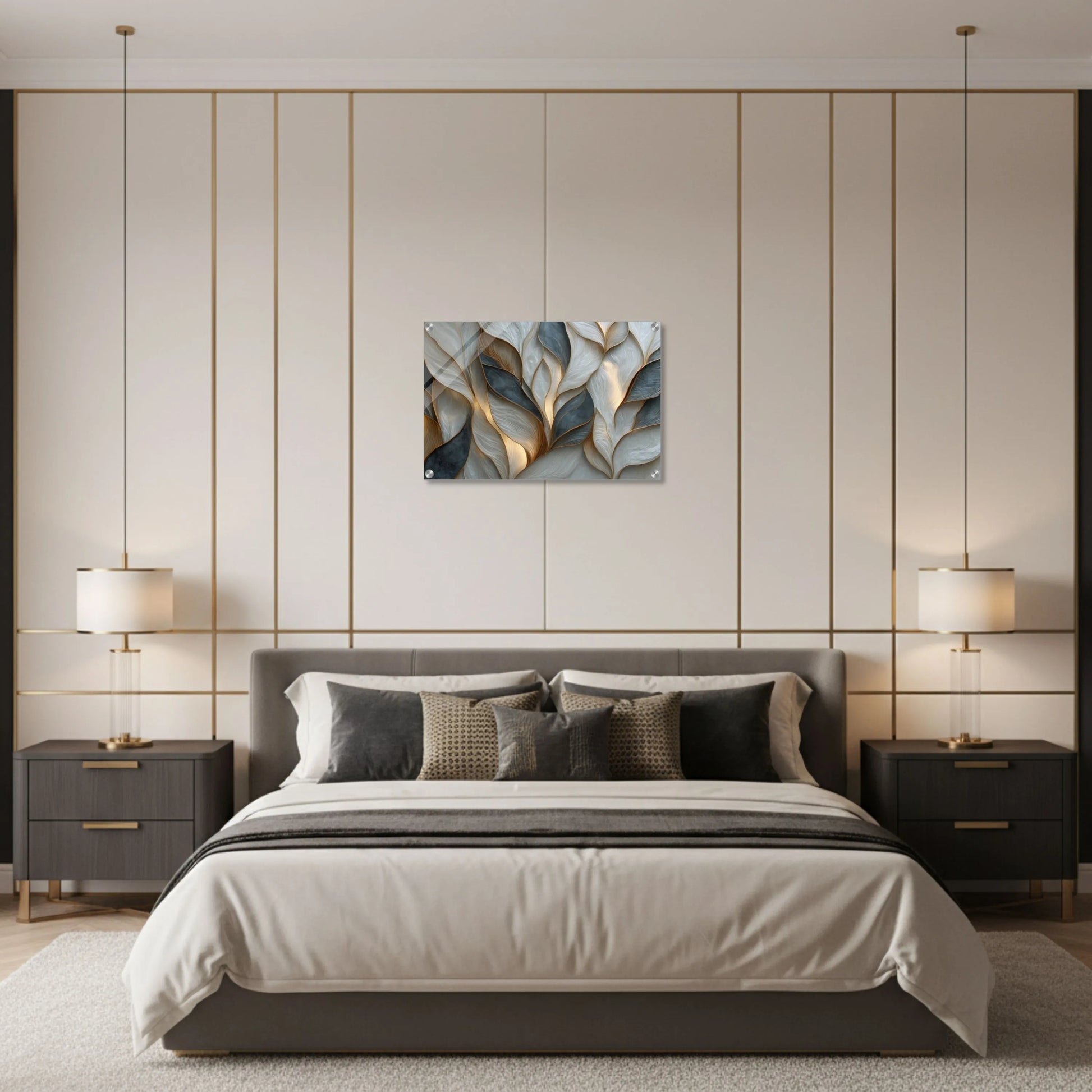 Modern bedroom with a bed, nightstands, and wall art.