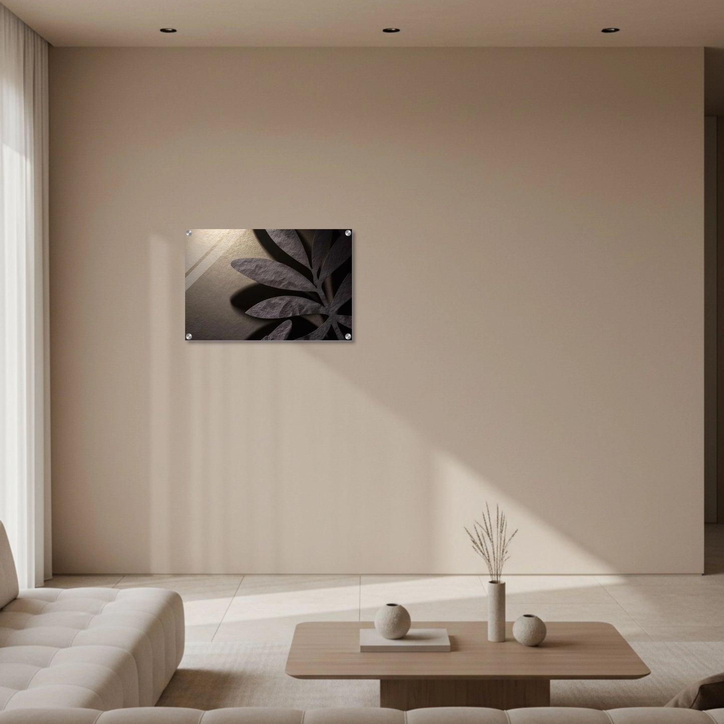 Modern living room with a minimalistic decor featuring a wall art piece.