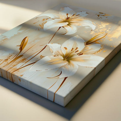 White Lilies with Gold Accents Canvas Wall Art - Modern Floral Elegance
