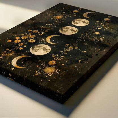 Celestial Moon Phases Canvas Wall Art – Gold Botanical Night Sky Wall Decor